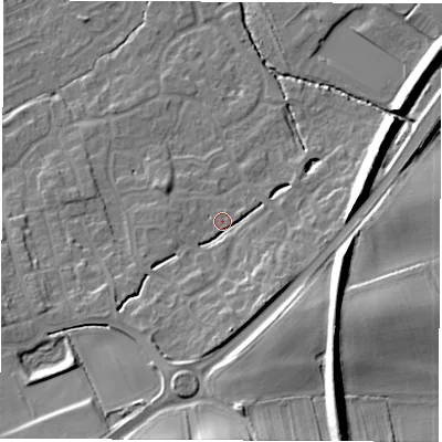 Shaded relief map of the ground around WF61WJ, computed from Environment Agency LiDAR. The ground here sits at about 26 m above sea level and falls 20 m across the surrounding 800 m. Surface water reaching this point runs off ground lying to the south, 7.7 m higher.