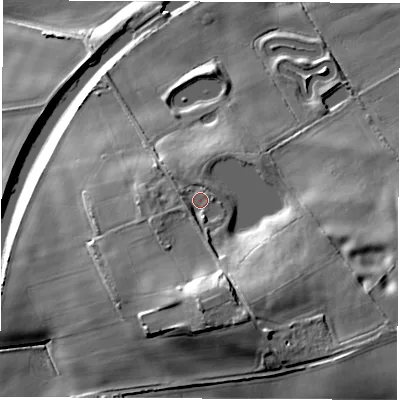 Shaded relief map of the ground around WF62JE, computed from Environment Agency LiDAR. The ground here sits at about 34 m above sea level and falls 33 m across the surrounding 800 m. Surface water reaching this point runs off ground lying to the south-south-east, 13.8 m higher.