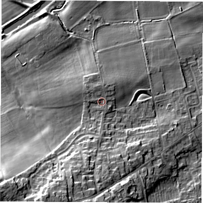 Shaded relief map of the ground around WF62PE, computed from Environment Agency LiDAR. The ground here sits at about 21 m above sea level and falls 24 m across the surrounding 800 m. Surface water reaching this point runs off ground lying to the south-south-west, 10.9 m higher.