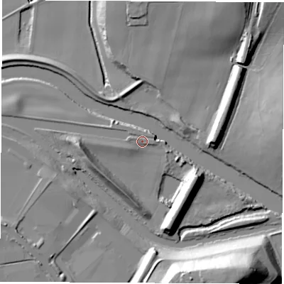 Shaded relief map of the ground around WF62PH, computed from Environment Agency LiDAR. The ground here sits at about 15 m above sea level and falls 32 m across the surrounding 800 m. Surface water reaching this point runs off ground lying to the west-south-west, 1.8 m higher.