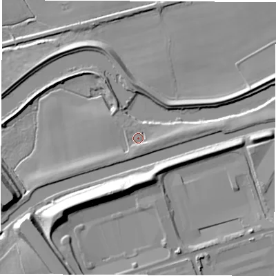 Shaded relief map of the ground around WF62PQ, computed from Environment Agency LiDAR. The ground here sits at about 15 m above sea level and falls 19 m across the surrounding 800 m. Surface water reaching this point runs off ground lying to the south-east, 3.3 m higher.