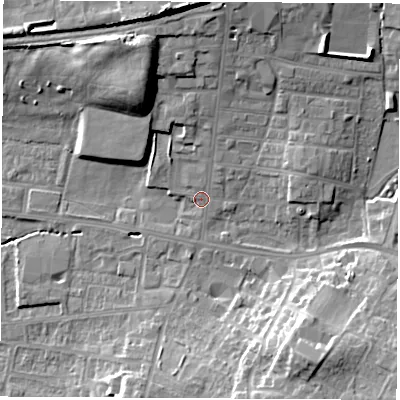 Shaded relief map of the ground around WF75BE, computed from Environment Agency LiDAR. The ground here sits at about 42 m above sea level and falls 18 m across the surrounding 800 m. Surface water reaching this point runs off ground lying to the north, 10.4 m higher.