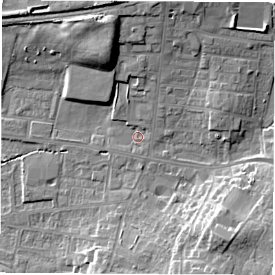 Shaded relief map of the ground around WF75BG, computed from Environment Agency LiDAR. The ground here sits at about 41 m above sea level and falls 17 m across the surrounding 800 m. Surface water reaching this point runs off ground lying to the north, 10.3 m higher.
