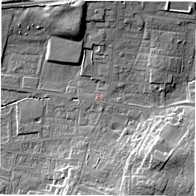 Shaded relief map of the ground around WF75EG, computed from Environment Agency LiDAR. The ground here sits at about 41 m above sea level and falls 16 m across the surrounding 800 m. Surface water reaching this point runs off ground lying to the north-north-east, 8.3 m higher.