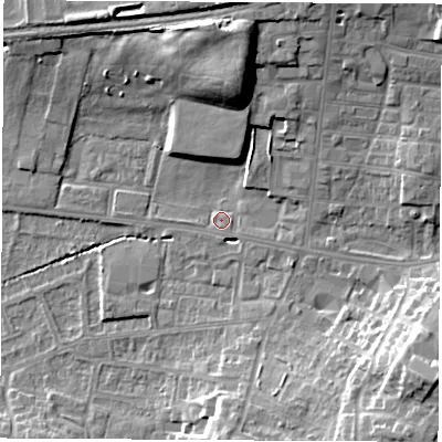 Shaded relief map of the ground around WF75EH, computed from Environment Agency LiDAR. The ground here sits at about 40 m above sea level and falls 17 m across the surrounding 800 m. Surface water reaching this point runs off ground lying to the north-north-east, 10.3 m higher.
