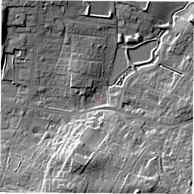 Shaded relief map of the ground around WF75EJ, computed from Environment Agency LiDAR. The ground here sits at about 42 m above sea level and falls 17 m across the surrounding 800 m. Surface water reaching this point runs off ground lying to the south-south-east, 15.0 m higher.