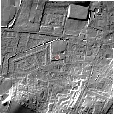 Shaded relief map of the ground around WF75FP, computed from Environment Agency LiDAR. The ground here sits at about 40 m above sea level and falls 16 m across the surrounding 800 m. Surface water reaching this point runs off ground lying to the east-south-east, 1.6 m higher.