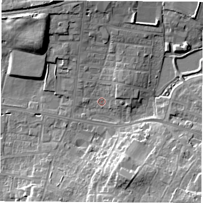Shaded relief map of the ground around WF75HD, computed from Environment Agency LiDAR. The ground here sits at about 42 m above sea level and falls 18 m across the surrounding 800 m. Surface water reaching this point runs off ground lying to the north-east, 4.6 m higher.