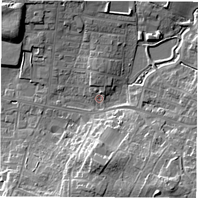 Shaded relief map of the ground around WF75HE, computed from Environment Agency LiDAR. The ground here sits at about 42 m above sea level and falls 18 m across the surrounding 800 m. Surface water reaching this point runs off ground lying to the north, 4.5 m higher.