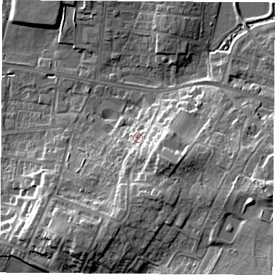 Shaded relief map of the ground around WF75HF, computed from Environment Agency LiDAR. The ground here sits at about 45 m above sea level and falls 18 m across the surrounding 800 m. Surface water reaching this point runs off ground lying to the south-east, 8.4 m higher.