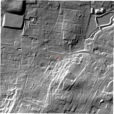 Shaded relief map of the ground around WF75HG, computed from Environment Agency LiDAR. The ground here sits at about 42 m above sea level and falls 18 m across the surrounding 800 m. Surface water reaching this point runs off ground lying to the south-east, 14.9 m higher.