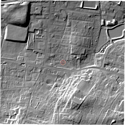 Shaded relief map of the ground around WF75HP, computed from Environment Agency LiDAR. The ground here sits at about 41 m above sea level and falls 18 m across the surrounding 800 m. Surface water reaching this point runs off ground lying to the north-north-east, 8.4 m higher.