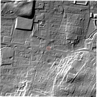 Shaded relief map of the ground around WF75HW, computed from Environment Agency LiDAR. The ground here sits at about 41 m above sea level and falls 16 m across the surrounding 800 m. Surface water reaching this point runs off ground lying to the north, 8.1 m higher.