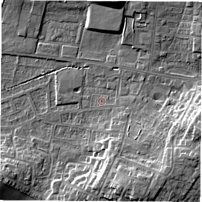 Shaded relief map of the ground around WF75HX, computed from Environment Agency LiDAR. The ground here sits at about 40 m above sea level and falls 17 m across the surrounding 800 m. Surface water reaching this point runs off ground lying to the east-south-east, 1.2 m higher.