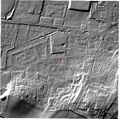 Shaded relief map of the ground around WF75HY, computed from Environment Agency LiDAR. The ground here sits at about 39 m above sea level and falls 17 m across the surrounding 800 m. Surface water reaching this point runs off ground lying to the south-east, 12.8 m higher.