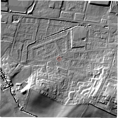 Shaded relief map of the ground around WF75JL, computed from Environment Agency LiDAR. The ground here sits at about 38 m above sea level and falls 17 m across the surrounding 800 m. Surface water reaching this point runs off ground lying to the south-east, 10.3 m higher.