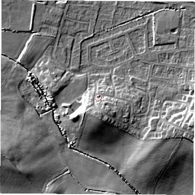 Shaded relief map of the ground around WF75JQ, computed from Environment Agency LiDAR. The ground here sits at about 42 m above sea level and falls 14 m across the surrounding 800 m. Surface water reaching this point runs off ground lying to the south, 6.7 m higher.