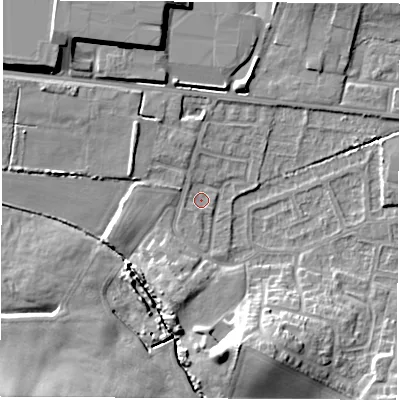Shaded relief map of the ground around WF75JT, computed from Environment Agency LiDAR. The ground here sits at about 37 m above sea level and falls 12 m across the surrounding 800 m. Surface water reaching this point runs off ground lying to the south-south-east, 10.3 m higher.