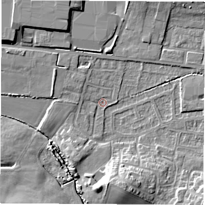 Shaded relief map of the ground around WF75JU, computed from Environment Agency LiDAR. The ground here sits at about 37 m above sea level and falls 12 m across the surrounding 800 m. Surface water reaching this point runs off ground lying to the south-south-east, 10.3 m higher.