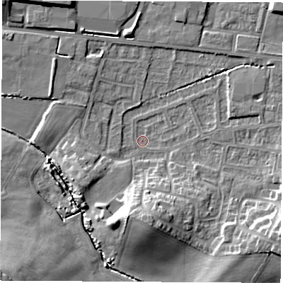 Shaded relief map of the ground around WF75JW, computed from Environment Agency LiDAR. The ground here sits at about 37 m above sea level and falls 14 m across the surrounding 800 m. Surface water reaching this point runs off ground lying to the south-east, 10.4 m higher.