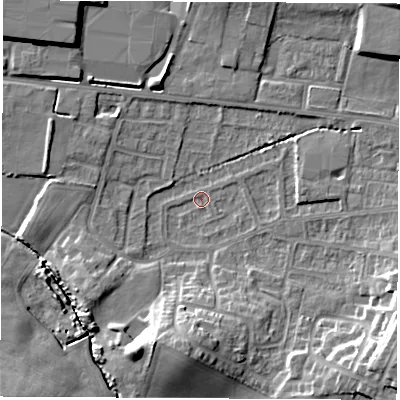 Shaded relief map of the ground around WF75JX, computed from Environment Agency LiDAR. The ground here sits at about 37 m above sea level and falls 13 m across the surrounding 800 m. Surface water reaching this point runs off ground lying to the south-east, 11.2 m higher.