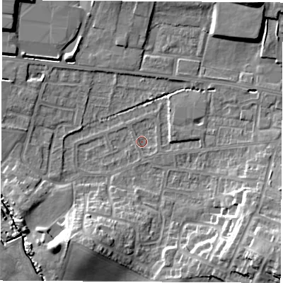 Shaded relief map of the ground around WF75JY, computed from Environment Agency LiDAR. The ground here sits at about 37 m above sea level and falls 17 m across the surrounding 800 m. Surface water reaching this point runs off ground lying to the south-east, 14.6 m higher.