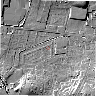Shaded relief map of the ground around WF75JZ, computed from Environment Agency LiDAR. The ground here sits at about 38 m above sea level and falls 18 m across the surrounding 800 m. Surface water reaching this point runs off ground lying to the south-east, 14.8 m higher.