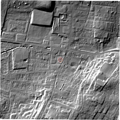 Shaded relief map of the ground around WF75NP, computed from Environment Agency LiDAR. The ground here sits at about 41 m above sea level and falls 16 m across the surrounding 800 m. Surface water reaching this point runs off ground lying to the east-south-east, 12.8 m higher.