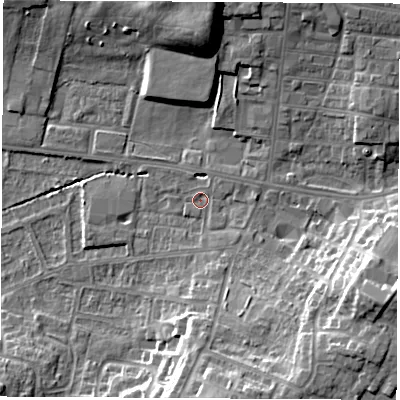 Shaded relief map of the ground around WF75NS, computed from Environment Agency LiDAR. The ground here sits at about 40 m above sea level and falls 16 m across the surrounding 800 m. Surface water reaching this point runs off ground lying to the east-south-east, 13.3 m higher.