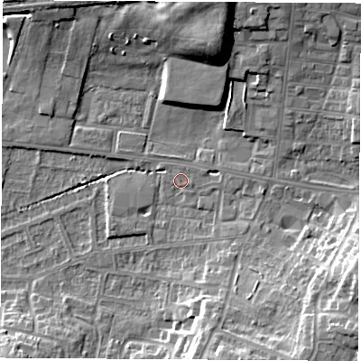 Shaded relief map of the ground around WF75PB, computed from Environment Agency LiDAR. The ground here sits at about 40 m above sea level and falls 17 m across the surrounding 800 m. Surface water reaching this point runs off ground lying to the east-north-east, 2.1 m higher.