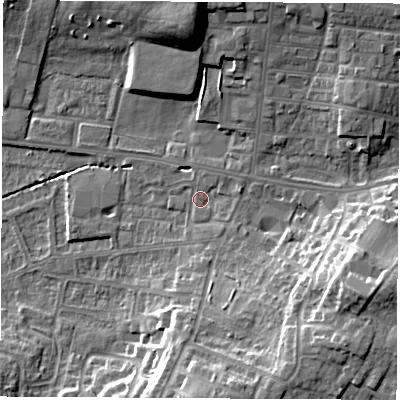 Shaded relief map of the ground around WF75PJ, computed from Environment Agency LiDAR. The ground here sits at about 40 m above sea level and falls 16 m across the surrounding 800 m. Surface water reaching this point runs off ground lying to the east-south-east, 13.0 m higher.