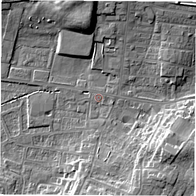 Shaded relief map of the ground around WF75WW, computed from Environment Agency LiDAR. The ground here sits at about 41 m above sea level and falls 16 m across the surrounding 800 m. Surface water reaching this point runs off ground lying to the north-north-east, 7.7 m higher.