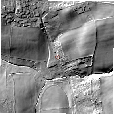 Shaded relief map of the ground around WF76AH, computed from Environment Agency LiDAR. The ground here sits at about 49 m above sea level and falls 27 m across the surrounding 800 m. Surface water reaching this point runs off ground lying to the north-east, 17.1 m higher.