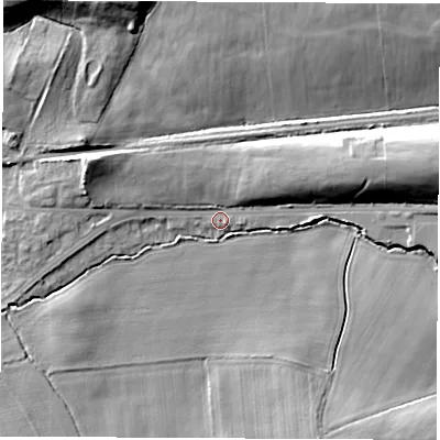 Shaded relief map of the ground around WF76BS, computed from Environment Agency LiDAR. The ground here sits at about 43 m above sea level and falls 18 m across the surrounding 800 m. Surface water reaching this point runs off ground lying to the west-north-west, 9.2 m higher.