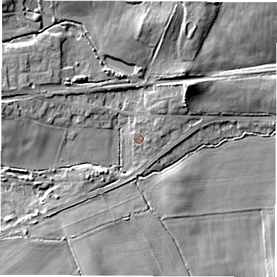 Shaded relief map of the ground around WF76BX, computed from Environment Agency LiDAR. The ground here sits at about 46 m above sea level and falls 12 m across the surrounding 800 m. Surface water reaching this point runs off ground lying to the west-north-west, 8.4 m higher.