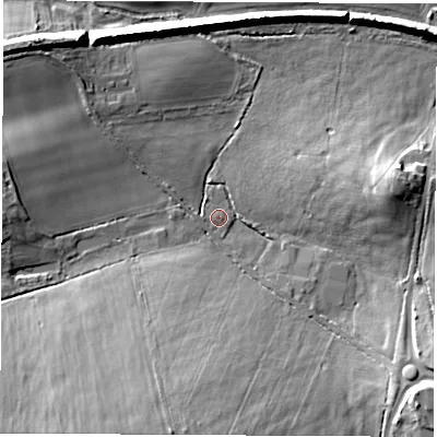 Shaded relief map of the ground around WF76HE, computed from Environment Agency LiDAR. The ground here sits at about 32 m above sea level and falls 23 m across the surrounding 800 m. Surface water reaching this point runs off ground lying to the south-west, 20.1 m higher.