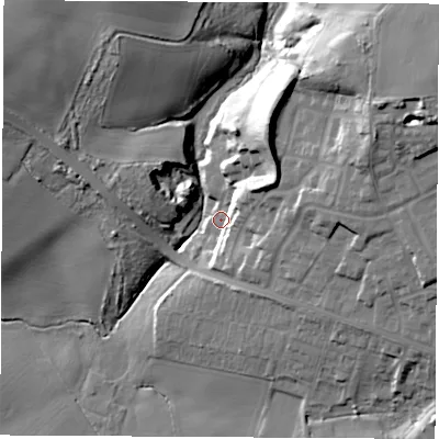 Shaded relief map of the ground around WF77BG, computed from Environment Agency LiDAR. The ground here sits at about 40 m above sea level and falls 32 m across the surrounding 800 m. Surface water reaching this point runs off ground lying to the north-north-east, 22.3 m higher.