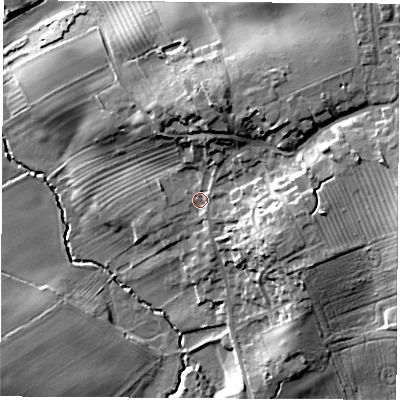 Shaded relief map of the ground around WF77EF, computed from Environment Agency LiDAR. The ground here sits at about 36 m above sea level and falls 23 m across the surrounding 800 m. Surface water reaching this point runs off ground lying to the north-east, 14.3 m higher.