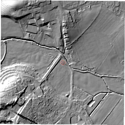 Shaded relief map of the ground around WF77NE, computed from Environment Agency LiDAR. The ground here sits at about 27 m above sea level and falls 26 m across the surrounding 800 m. Surface water reaching this point runs off ground lying to the south-west, 21.8 m higher.