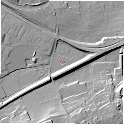 Shaded relief map of the ground around WF81HG, computed from Environment Agency LiDAR. The ground here sits at about 33 m above sea level and falls 33 m across the surrounding 800 m. Surface water reaching this point runs off ground lying to the south-west, 15.3 m higher.