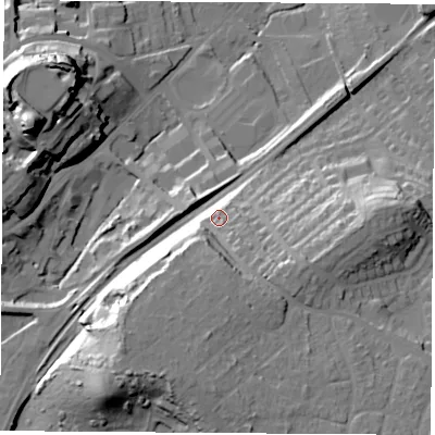 Shaded relief map of the ground around WF82HA, computed from Environment Agency LiDAR. The ground here sits at about 46 m above sea level and falls 39 m across the surrounding 800 m. Surface water reaching this point runs off ground lying to the south-west, 18.4 m higher.