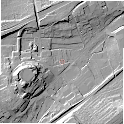 Shaded relief map of the ground around WF82JG, computed from Environment Agency LiDAR. The ground here sits at about 29 m above sea level and falls 42 m across the surrounding 800 m. Surface water reaching this point runs off ground lying to the west, 7.2 m higher.