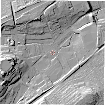 Shaded relief map of the ground around WF82JJ, computed from Environment Agency LiDAR. The ground here sits at about 27 m above sea level and falls 44 m across the surrounding 800 m. Surface water reaching this point runs off ground lying to the south-south-west, 29.8 m higher.