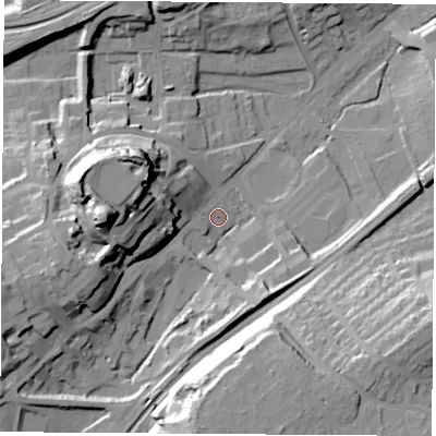 Shaded relief map of the ground around WF82JL, computed from Environment Agency LiDAR. The ground here sits at about 30 m above sea level and falls 40 m across the surrounding 800 m. Surface water reaching this point runs off ground lying to the west-south-west, 2.8 m higher.