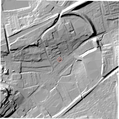 Shaded relief map of the ground around WF82JP, computed from Environment Agency LiDAR. The ground here sits at about 28 m above sea level and falls 37 m across the surrounding 800 m. Surface water reaching this point runs off ground lying to the west-north-west, 17.7 m higher.