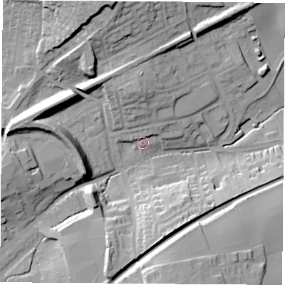 Shaded relief map of the ground around WF82JU, computed from Environment Agency LiDAR. The ground here sits at about 24 m above sea level and falls 31 m across the surrounding 800 m. Surface water reaching this point runs off ground lying to the north-north-east, 8.6 m higher.