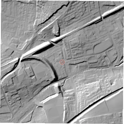 Shaded relief map of the ground around WF82JX, computed from Environment Agency LiDAR. The ground here sits at about 24 m above sea level and falls 32 m across the surrounding 800 m. Surface water reaching this point runs off ground lying to the north, 26.7 m higher.