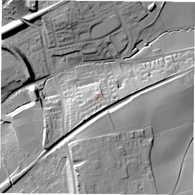 Shaded relief map of the ground around WF82LE, computed from Environment Agency LiDAR. The ground here sits at about 34 m above sea level and falls 35 m across the surrounding 800 m. Surface water reaching this point runs off ground lying to the south-south-west, 8.9 m higher.