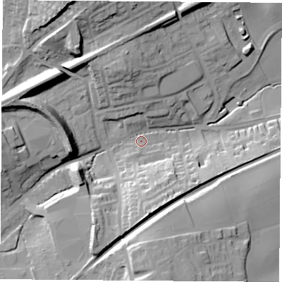 Shaded relief map of the ground around WF82LG, computed from Environment Agency LiDAR. The ground here sits at about 22 m above sea level and falls 31 m across the surrounding 800 m. Surface water reaching this point runs off ground lying to the north-north-west, 25.9 m higher.