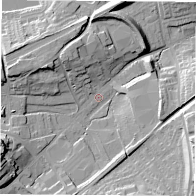 Shaded relief map of the ground around WF82LH, computed from Environment Agency LiDAR. The ground here sits at about 26 m above sea level and falls 37 m across the surrounding 800 m. Surface water reaching this point runs off ground lying to the west-south-west, 32.6 m higher.